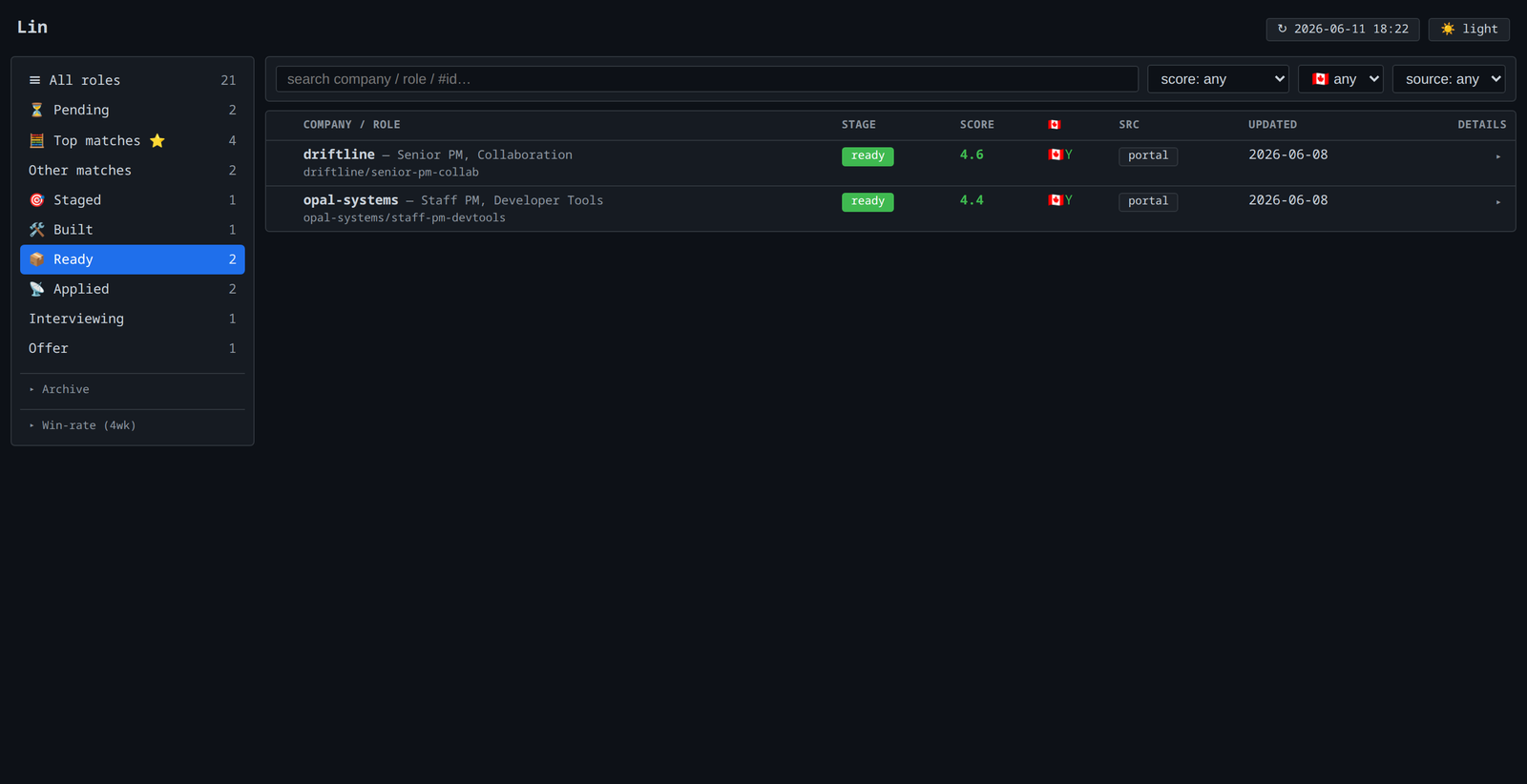 Lin — AI Job-Search Agent interface